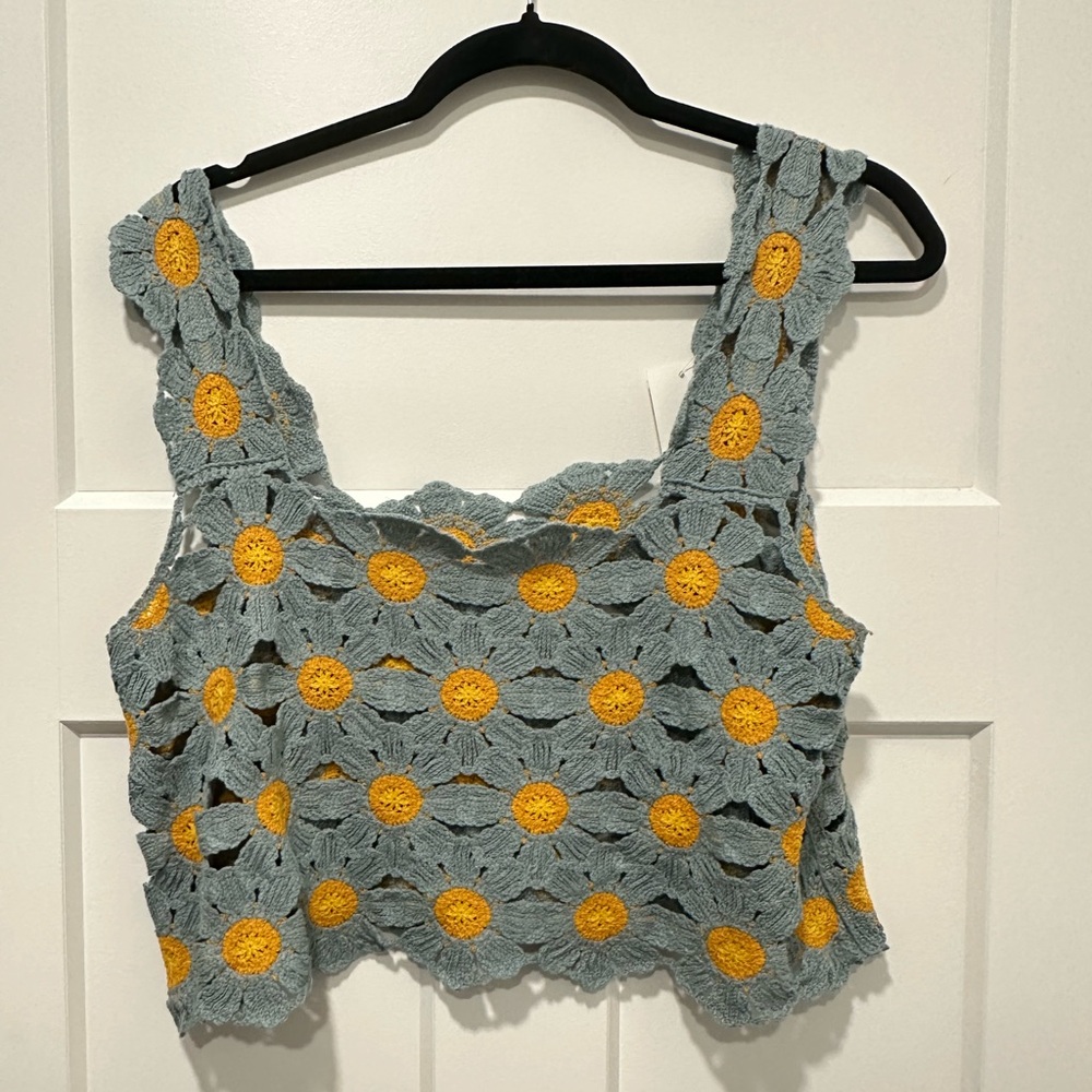 Blue and Yellow Cropped Crochet Tank Top Floral